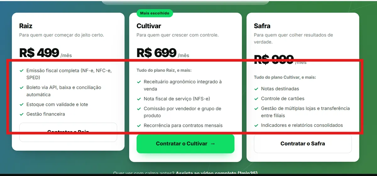 Tela da versão C com marcações em vermelho feitas pelo cliente nos recursos dos planos