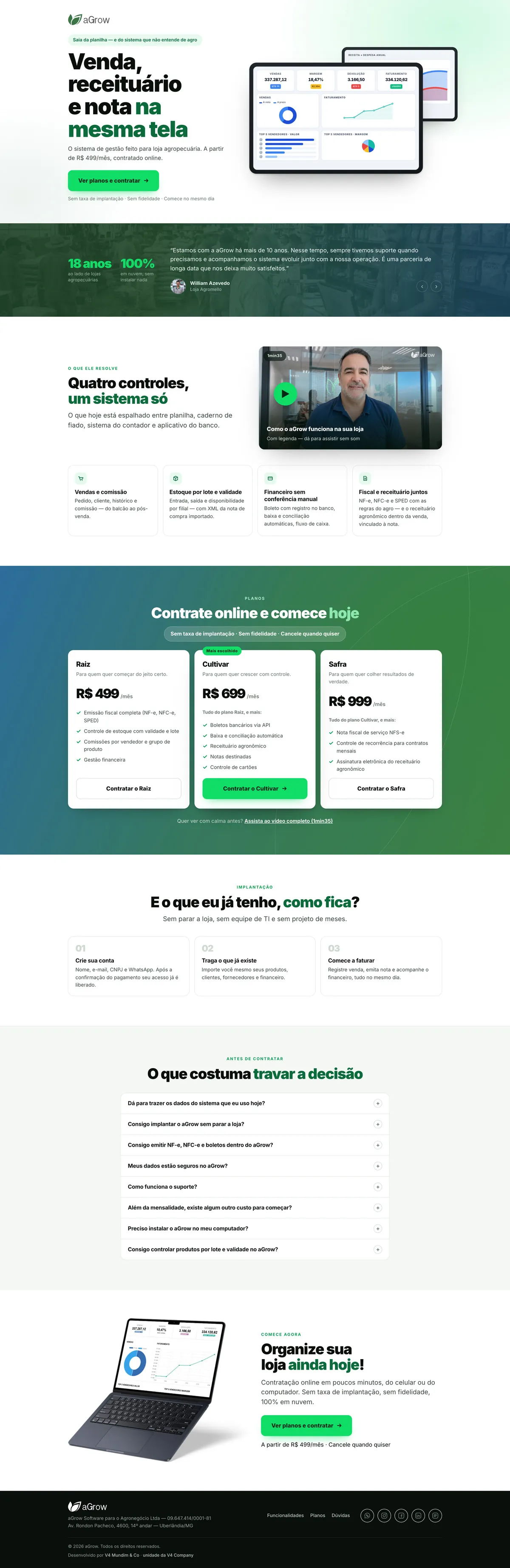 A versão C inteira no computador, do topo ao rodapé: oferta com preço e painel, prova, o que o sistema resolve, planos, como começar, dúvidas, fechamento e rodapé