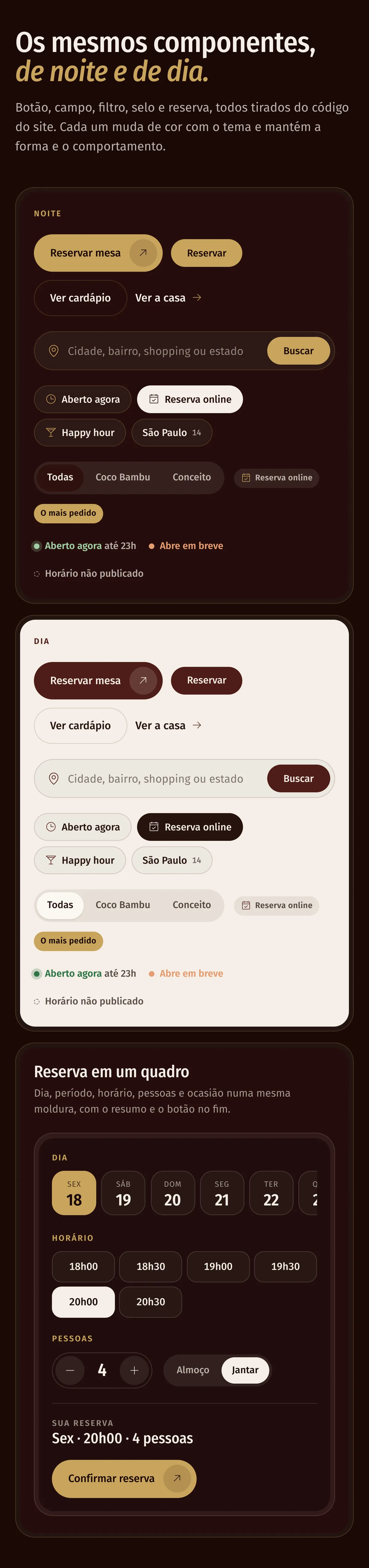 Prancha de componentes do design system: botões, busca, filtros, selos de estado e a reserva num quadro, de noite e de dia