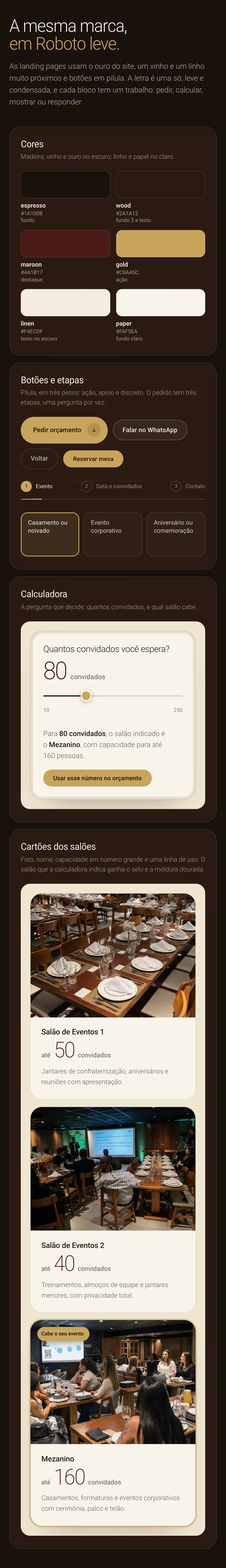 Prancha das landing pages: as cores, os botões, a calculadora e os cartões dos salões