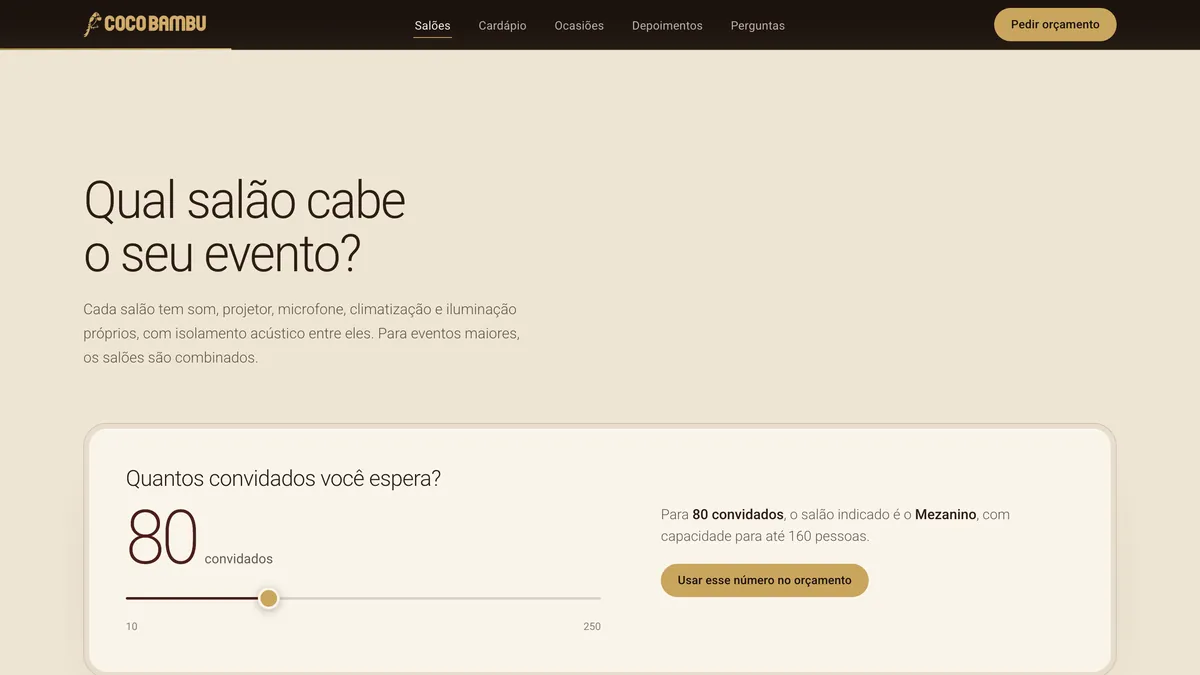 A calculadora de salão: a pergunta Quantos convidados você espera, o número 80 num controle deslizante, a resposta Para 80 convidados o salão indicado é o Mezanino, com capacidade para até 160 pessoas, e o botão Usar esse número no orçamento