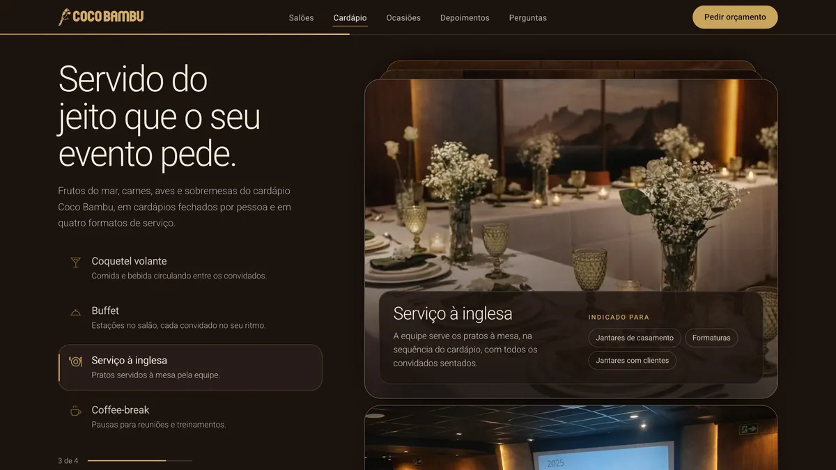 Os formatos de serviço: a lista Coquetel volante, Buffet, Serviço à inglesa e Coffee-break à esquerda e, à direita, a foto do formato da vez, Serviço à inglesa, num cartão que cobre o anterior