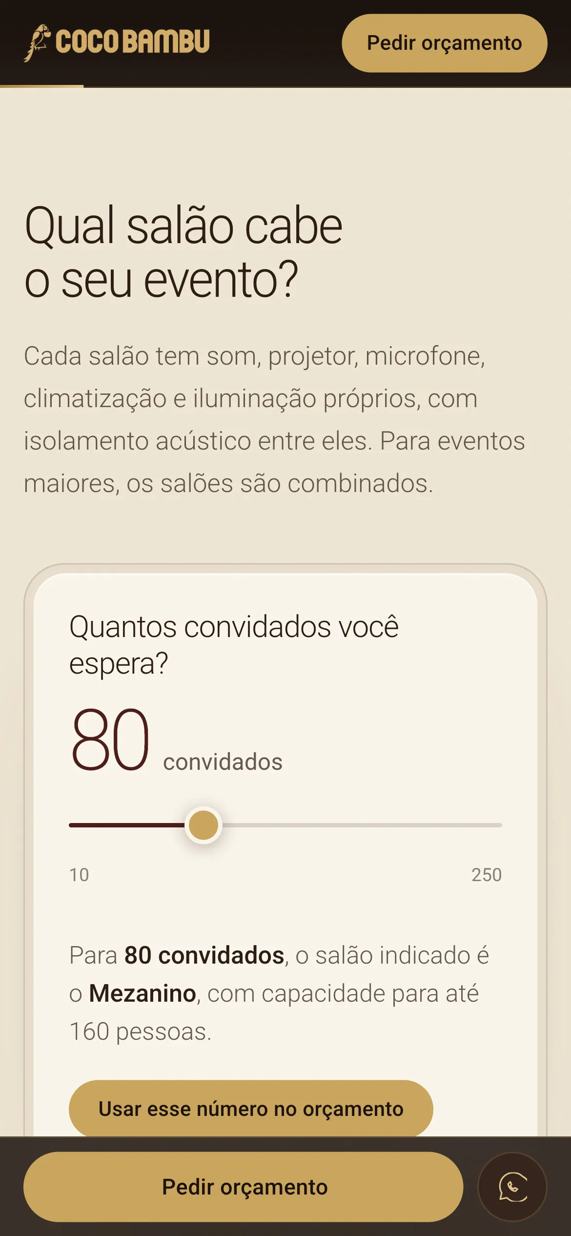 A calculadora de salão no celular: a pergunta Quantos convidados você espera, o número 80 num controle deslizante e a resposta, o Mezanino, para até 160 pessoas, com o botão Usar esse número no orçamento
