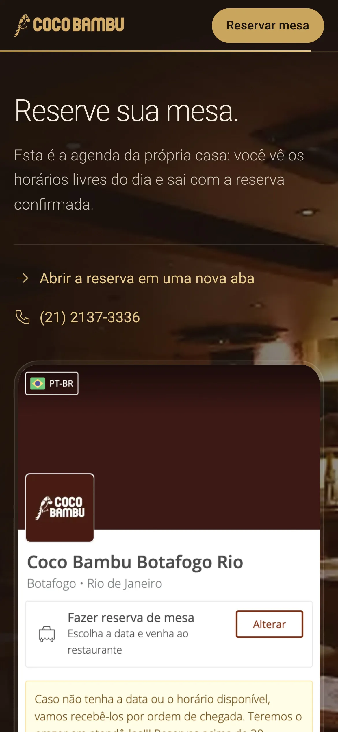 A agenda oficial da casa dentro da página de reserva no celular, abaixo do título Reserve sua mesa