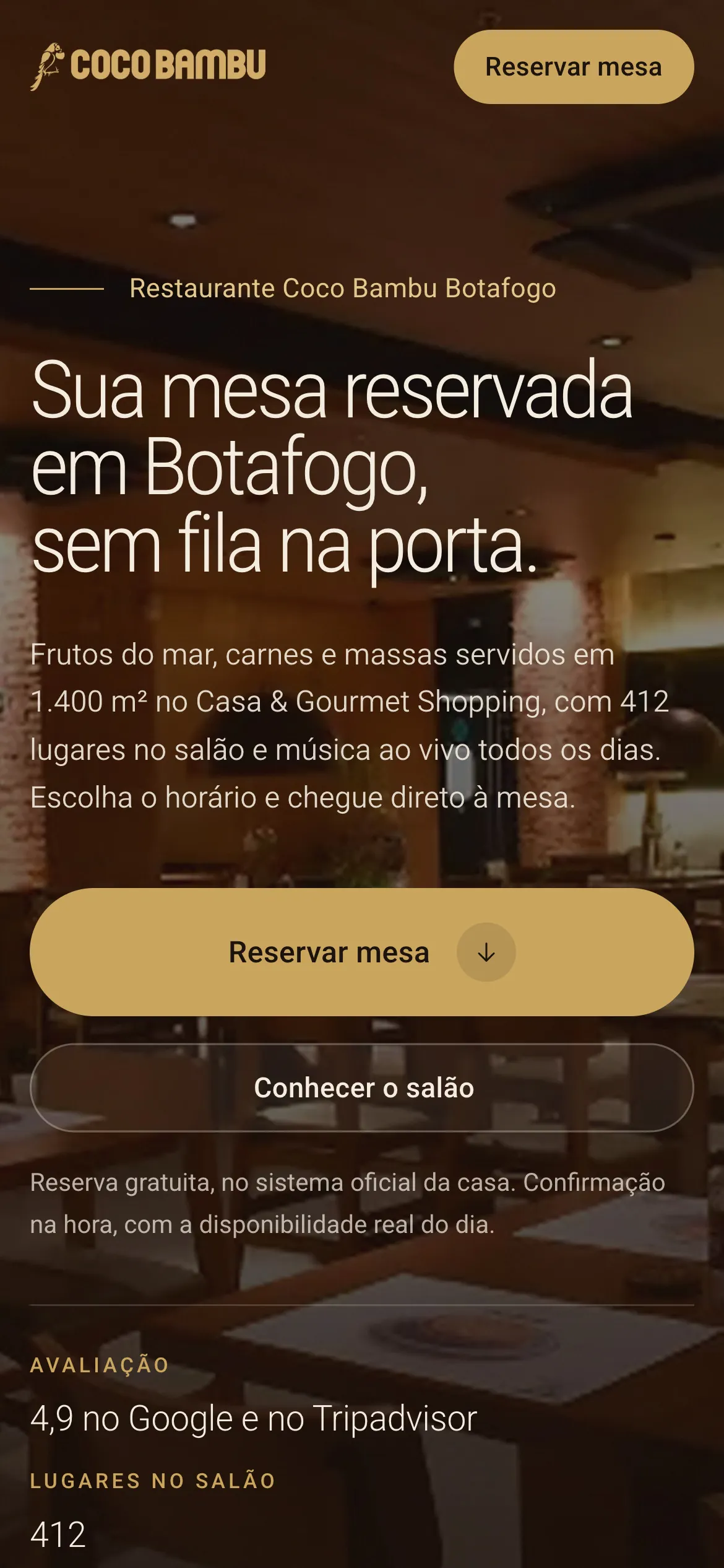 A primeira tela da página de reserva de mesa no celular: o título Sua mesa reservada em Botafogo, sem fila na porta, e o botão Reservar mesa