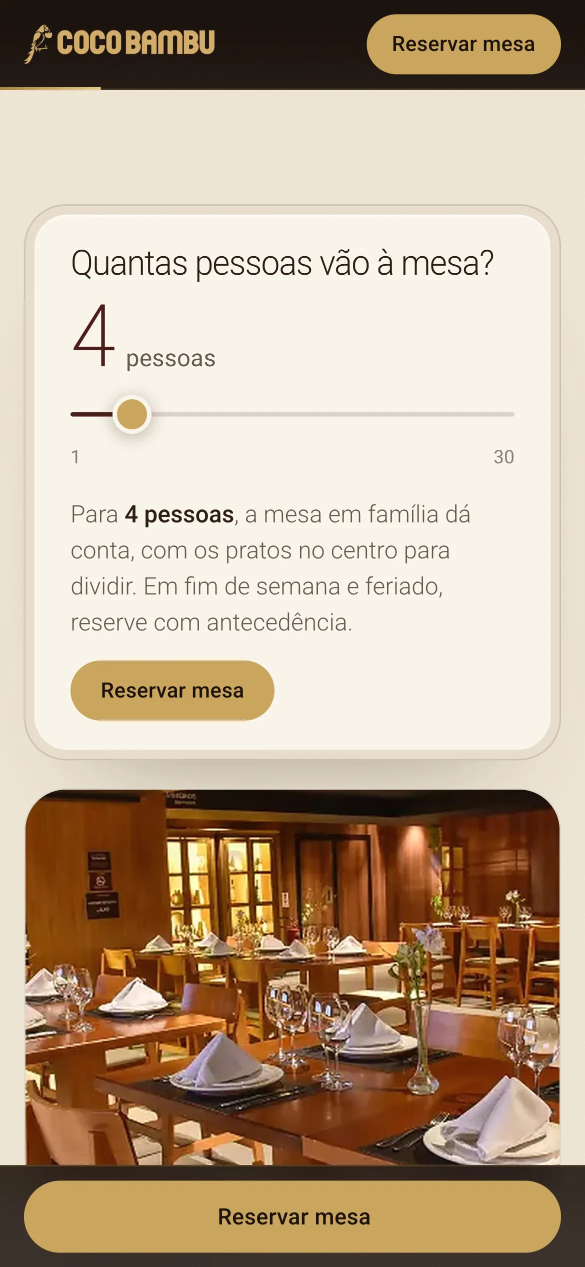 A calculadora de mesa no celular, com o número de pessoas e o botão Reservar mesa