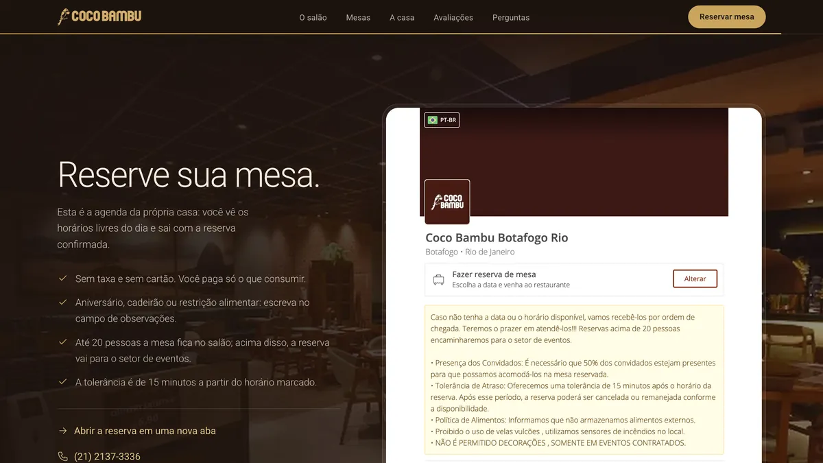 A seção Reserve sua mesa: o que a reserva garante à esquerda e, à direita, a agenda oficial da casa embutida na página, com o nome da casa, Fazer reserva de mesa e as regras de tolerância e de presença dos convidados