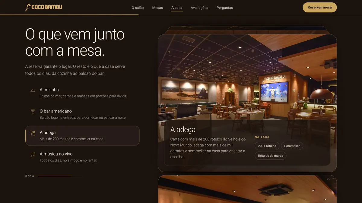 A seção O que vem junto com a mesa: a lista A cozinha, O bar americano, A adega e A música ao vivo e, à direita, a foto do item da vez, A adega, com a quantidade de rótulos