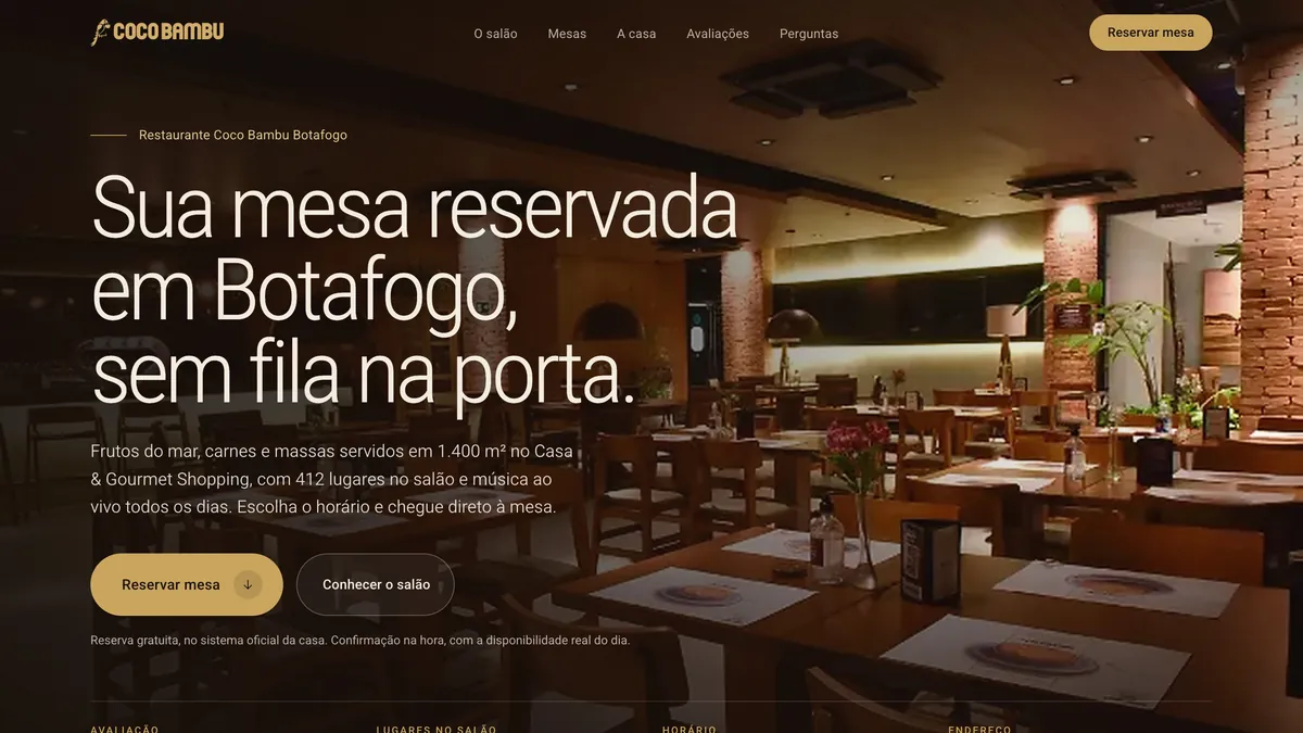 A primeira tela da landing page de reserva de mesa: o salão de Botafogo à noite, o título Sua mesa reservada em Botafogo, sem fila na porta, e os botões Reservar mesa e Conhecer o salão