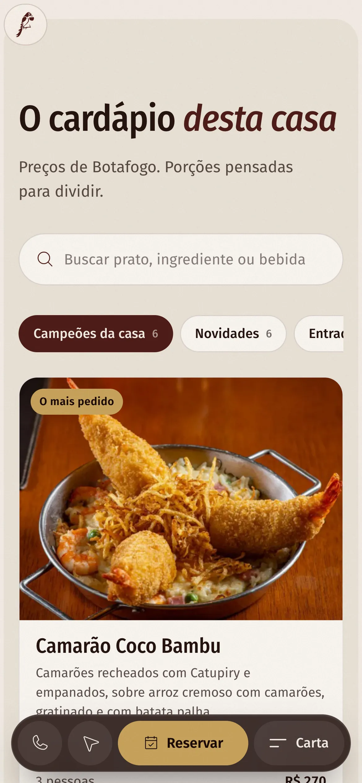 O cardápio da casa no celular: busca de prato, as abas Campeões da casa e Novidades e o primeiro prato em foto grande, com nome, descrição e preço