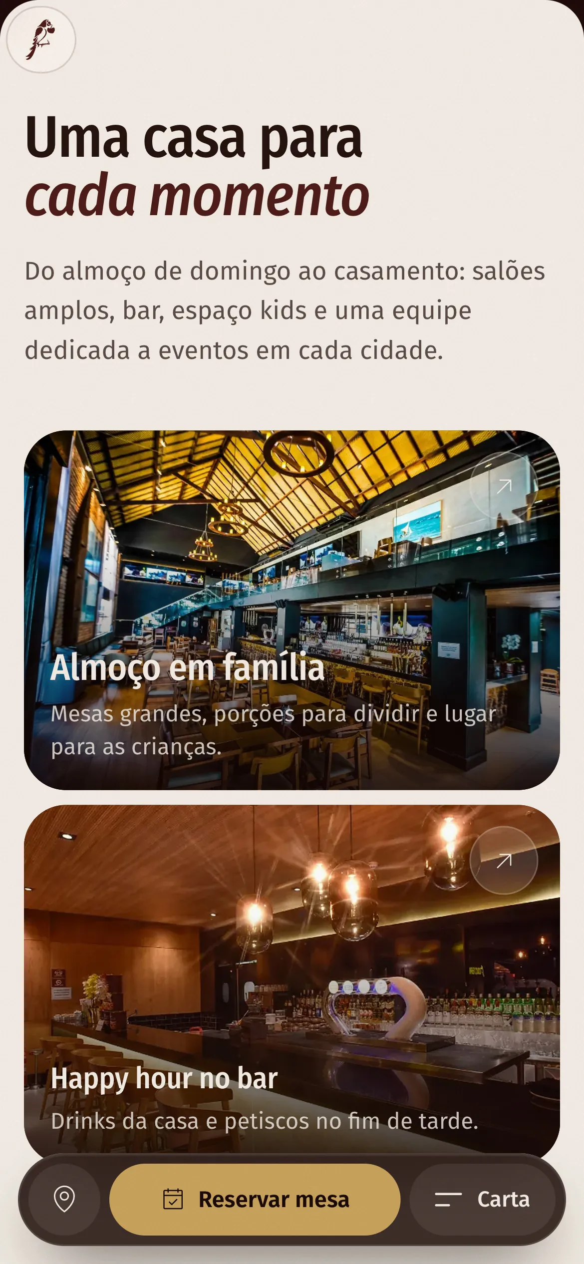Uma casa para cada momento no celular: almoço em família e happy hour no bar, em cartões de foto