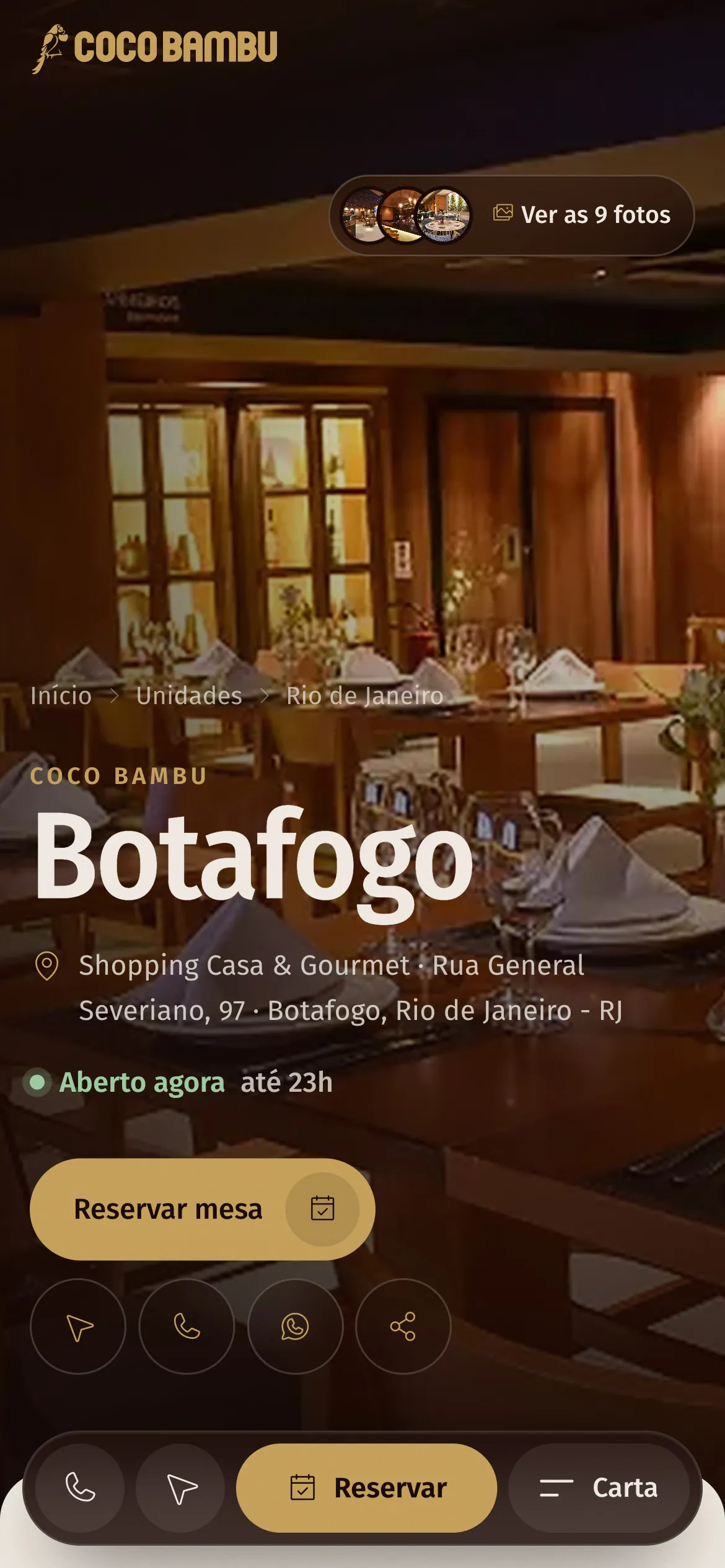 A página de Botafogo no celular: o título, o endereço, se está aberta agora e os botões Reservar mesa, Ver cardápio, Como chegar, Ligar e WhatsApp