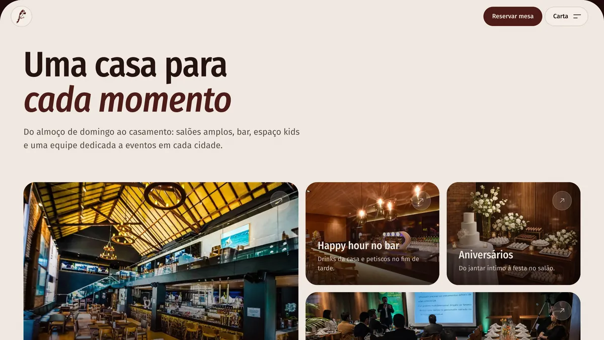 A seção Uma casa para cada momento: o título e um mosaico de fotos, Almoço em família, Happy hour no bar, Aniversários, Eventos corporativos, Espaço kids e Casamentos, cada uma levando à reserva ou aos eventos da casa