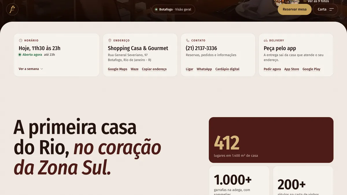 A página de Botafogo logo abaixo do topo: quatro cartões com horário de hoje e se está aberto, endereço, contato e delivery, e o título A primeira casa do Rio, no coração da Zona Sul, com os números 412 lugares, 1.000 garrafas na adega e 200 rótulos