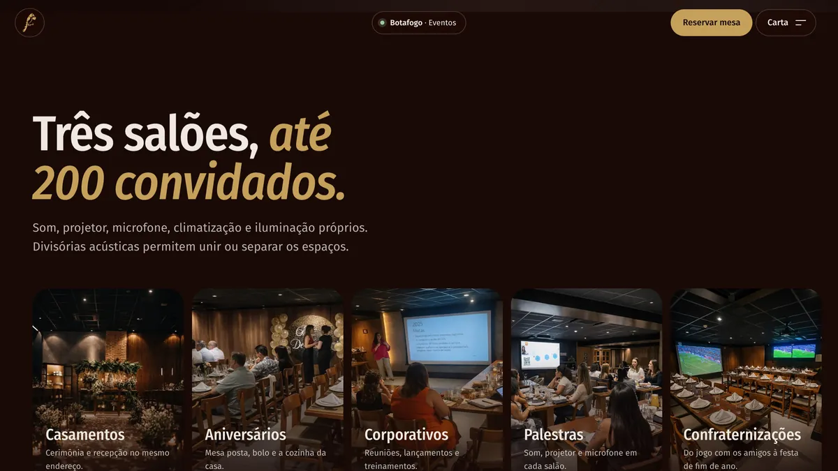 Os eventos na página da casa: o título Três salões, até 200 convidados e um trilho de cartões com Casamentos, Aniversários, Corporativos, Palestras e Confraternizações