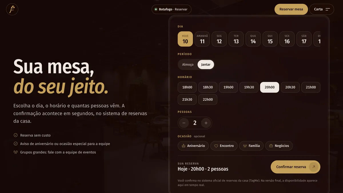 A reserva dentro da página da casa: o título Sua mesa, do seu jeito e, numa moldura dupla, a escolha do dia, do período, do horário, de quantas pessoas e da ocasião, com o resumo e o botão Confirmar reserva