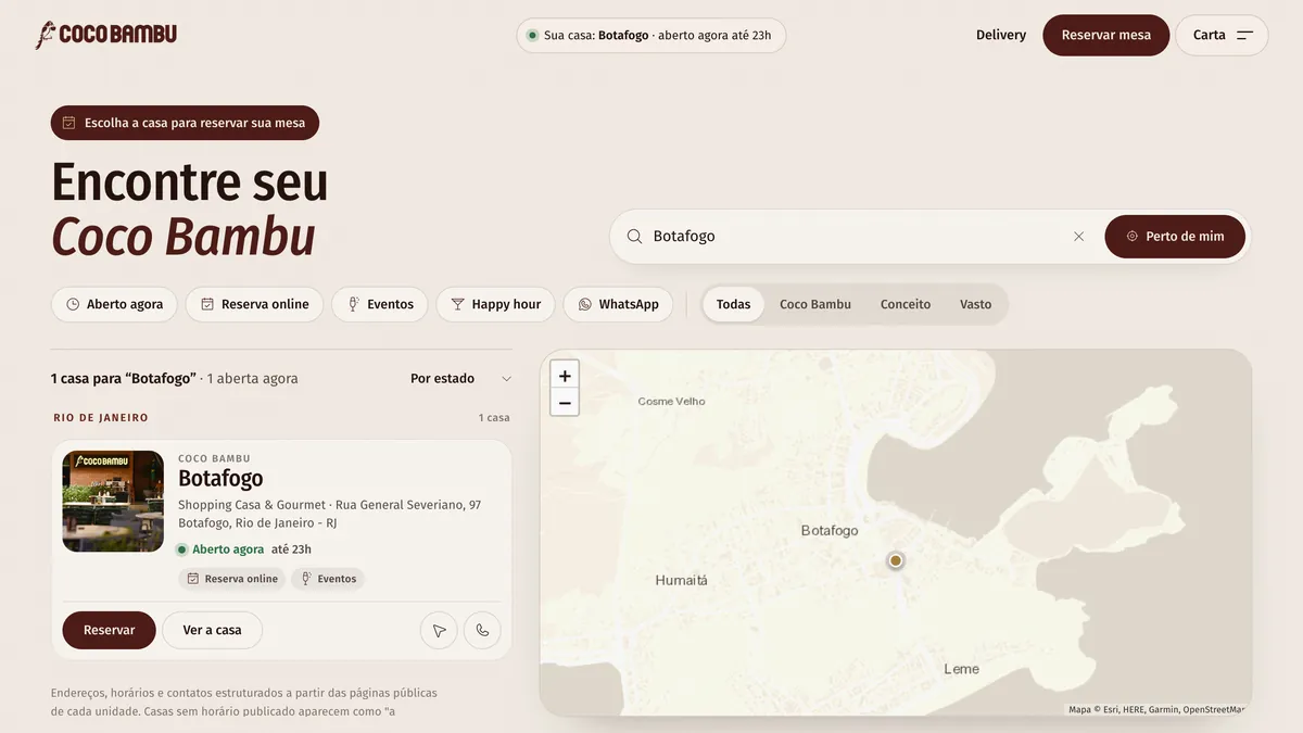 A busca de casas depois de digitar Botafogo: o aviso Escolha a casa para reservar sua mesa, os filtros Aberto agora, Reserva online, Eventos, Happy hour e WhatsApp, o cartão da casa de Botafogo com os botões Reservar e Ver a casa e o mapa aproximado no bairro