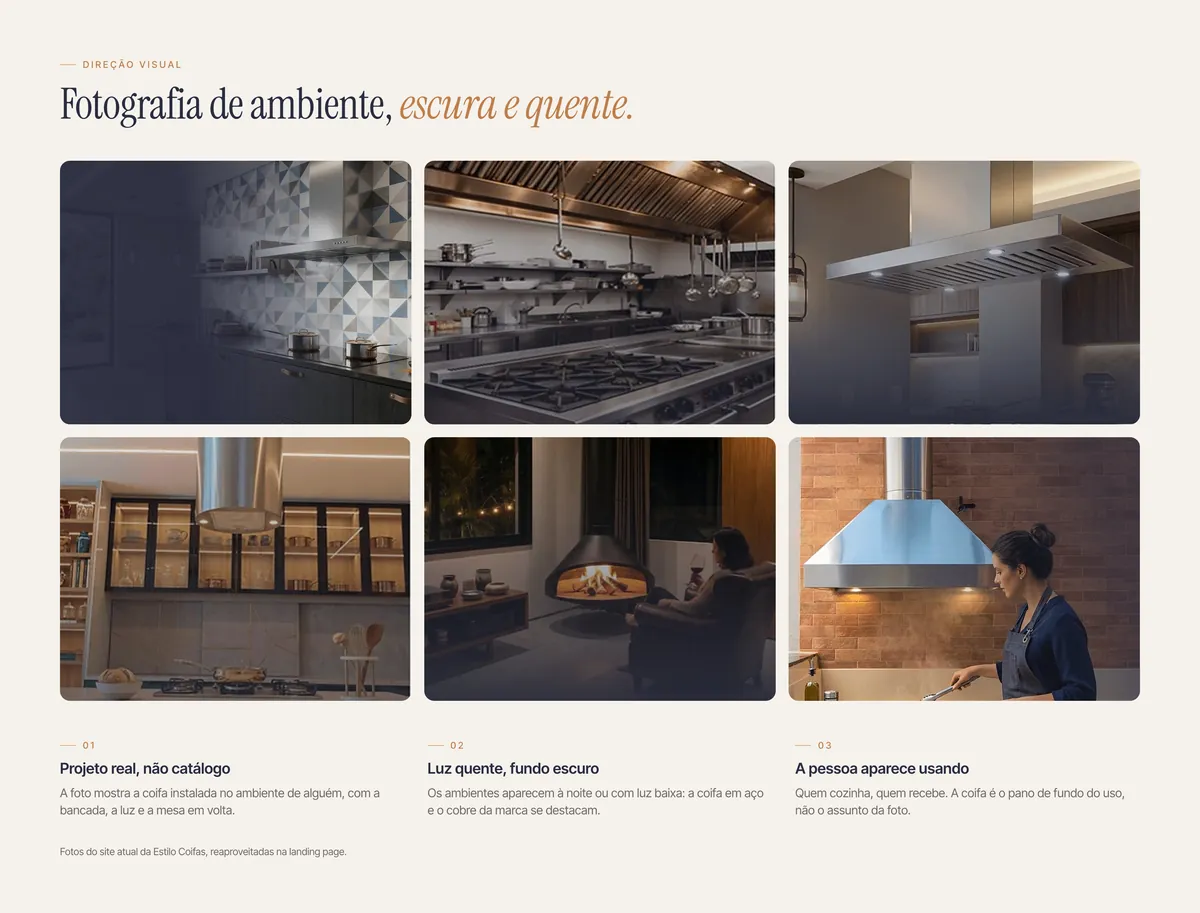 Seis fotos do site do cliente e três regras da direção visual: projeto real, luz quente com fundo escuro e a pessoa aparecendo no uso
