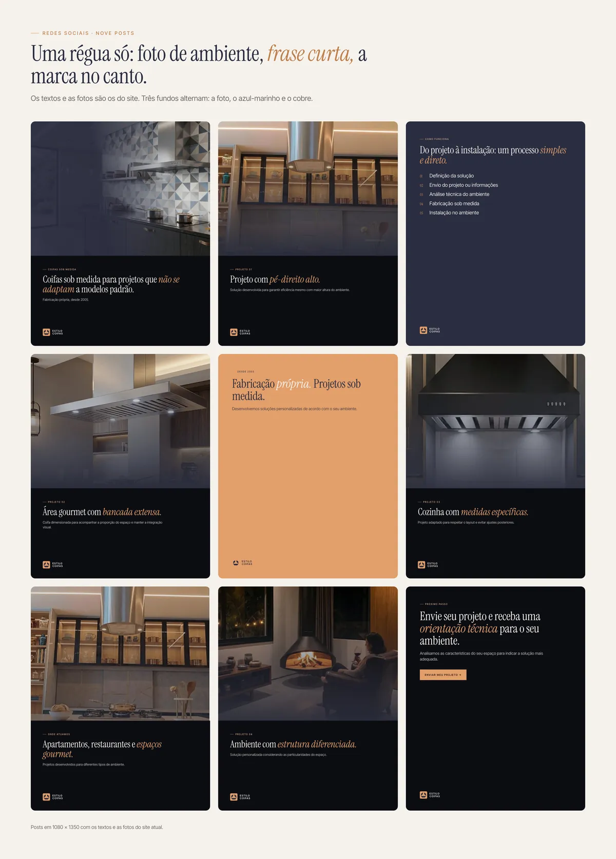 Grade com nove posts da Estilo Coifas: seis com fotos do site e três em fundo azul-marinho, cobre e tinta, com títulos em serifa e a palavra de destaque em itálico cobre