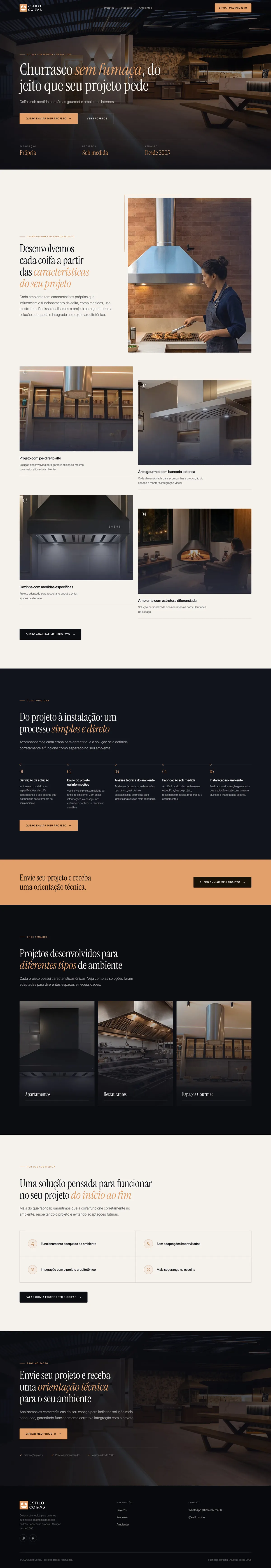 A landing page da Estilo Coifas inteira no computador, do topo ao rodapé: o churrasco sem fumaça, os tipos de projeto, o processo, a chamada em cobre, os ambientes, os benefícios, o envio do projeto e o rodapé