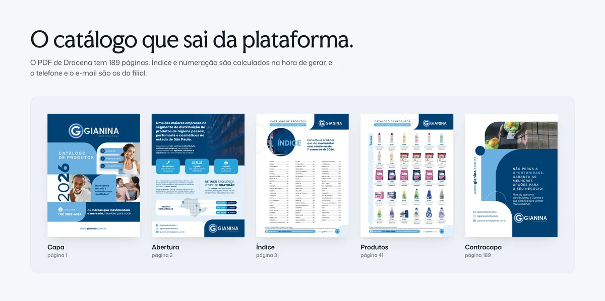 Cinco páginas do PDF de Dracena gerado pela plataforma: a capa, a abertura com a Gianina em números, o índice por marca, uma página de produtos com a grade e a tarja da marca, e a contracapa