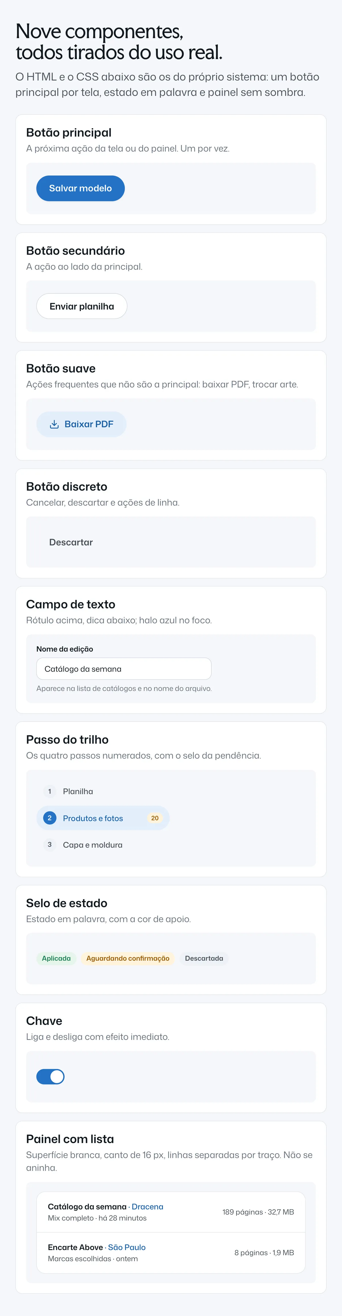 Prancha de componentes do design system: os nove componentes em coluna