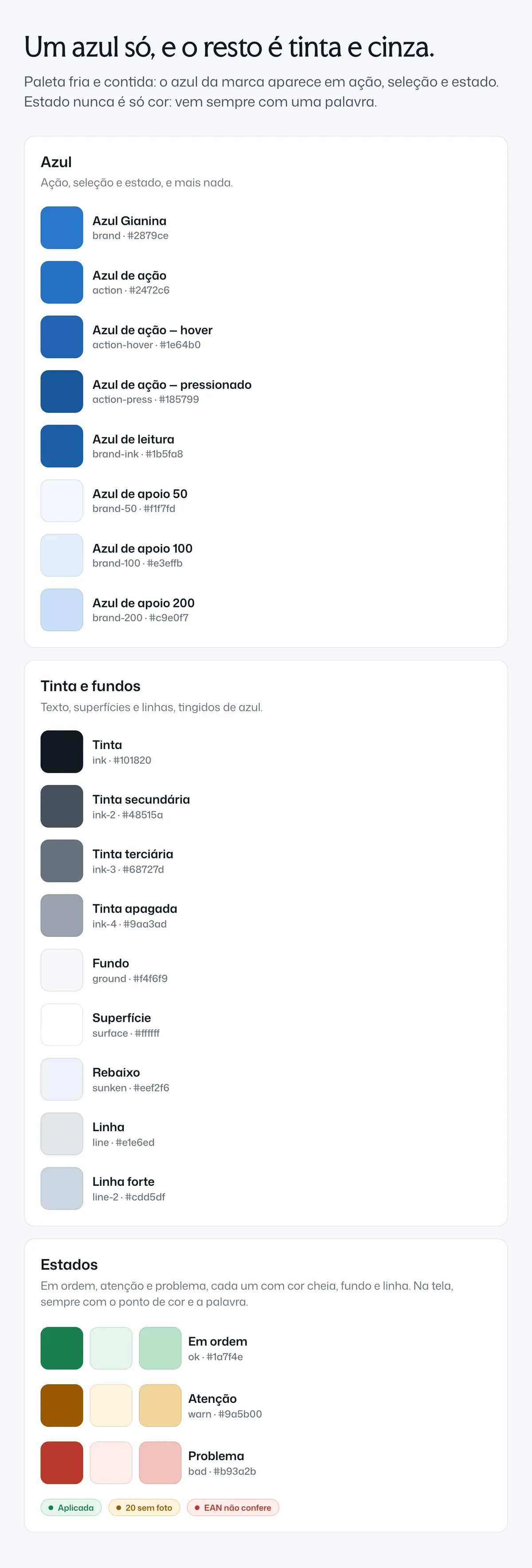 Prancha de cores do design system: o azul da marca, as tintas e os fundos e os três estados