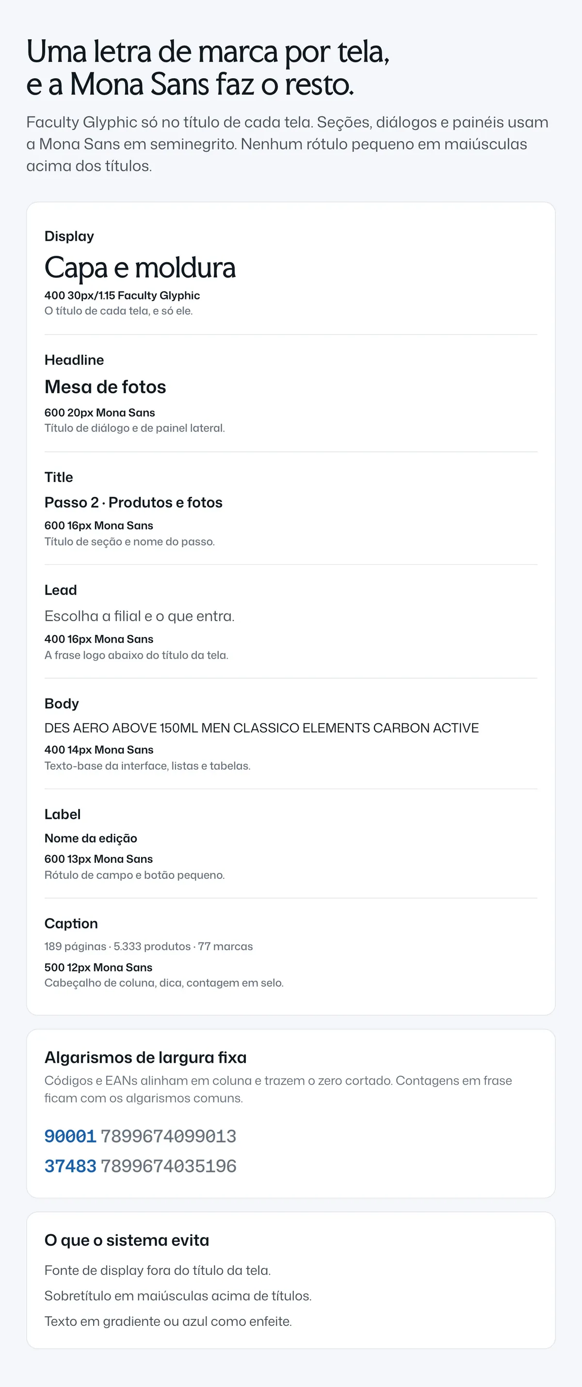 Prancha de tipografia do design system: a escala de texto e a regra dos algarismos de largura fixa