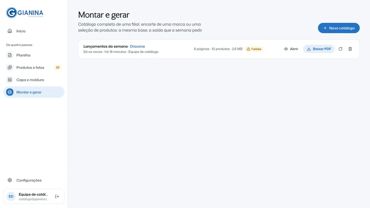 A lista de catálogos gerados, com o nome da edição, a filial, o tamanho, e os botões Abrir, Baixar PDF, refazer e apagar