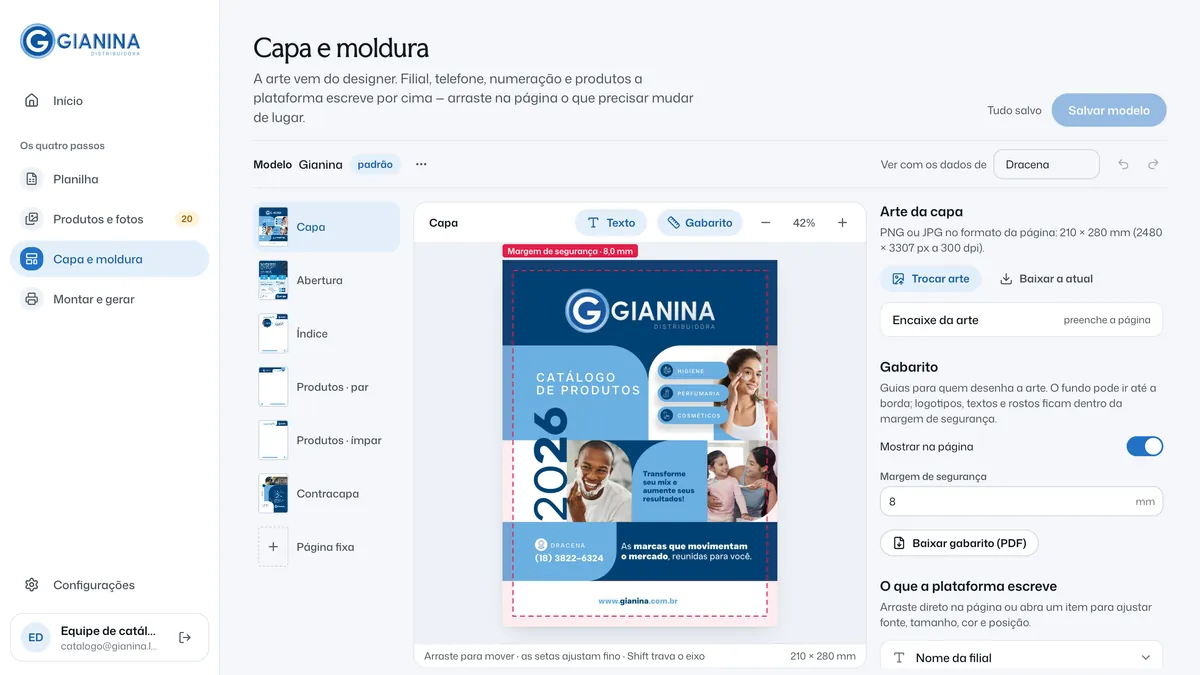 O editor de modelo na Capa: a lista de páginas à esquerda, a capa do catálogo no centro com a margem de segurança tracejada e, à direita, a arte da capa, o gabarito e o que a plataforma escreve por cima