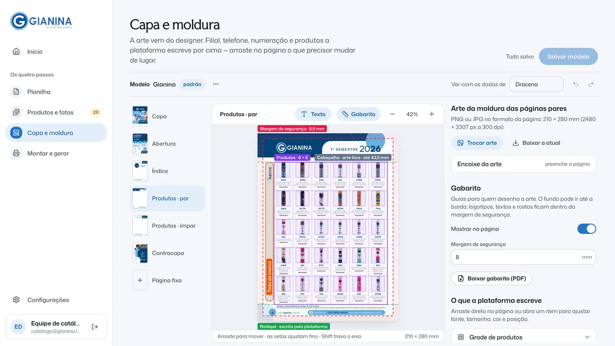 O editor de modelo em Produtos par: a moldura de uma página de produtos com a grade, a tarja da marca e o rodapé, e as opções de cada campo ao lado