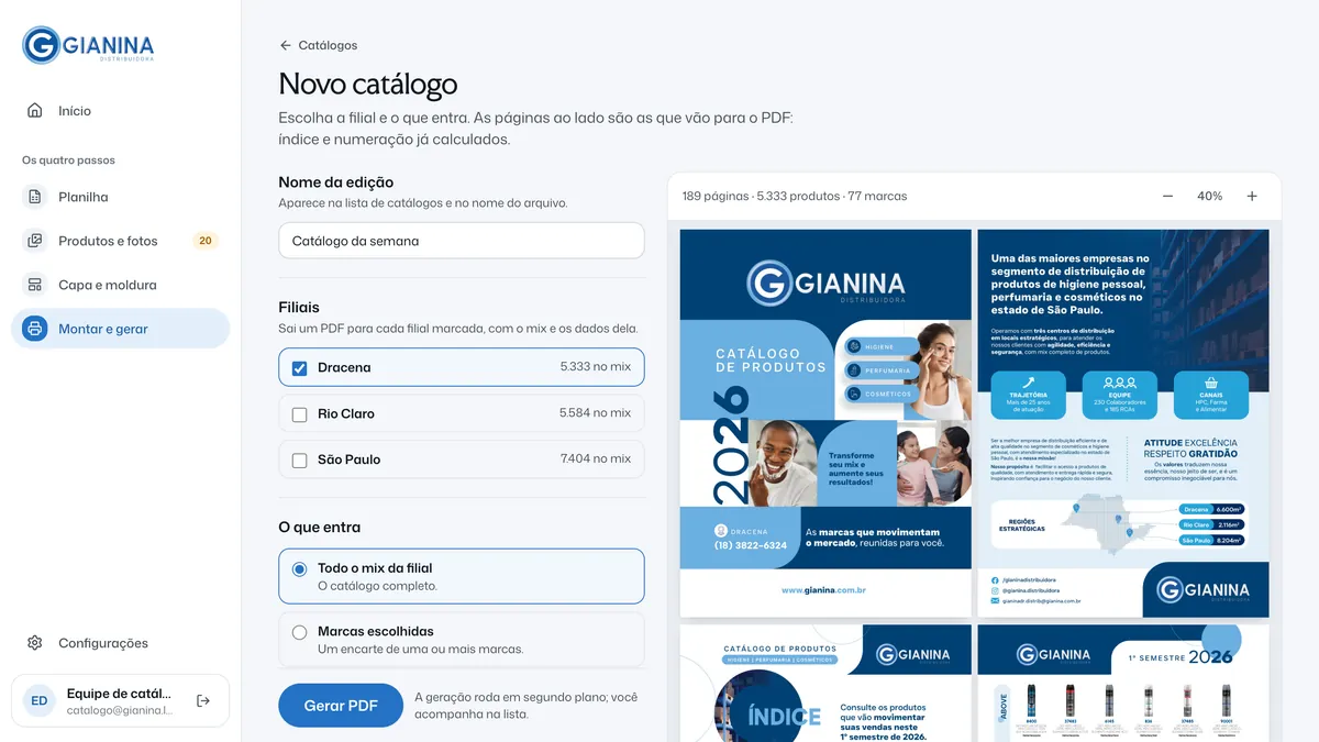 A tela Novo catálogo: nome da edição, as três filiais com o total de produtos no mix, as opções do que entra e, à direita, as páginas reais do catálogo com a contagem de 189 páginas, 5.333 produtos e 77 marcas