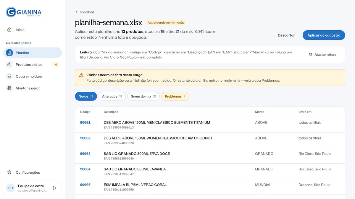 A conferência da planilha da semana: o resumo de quantos produtos entram, mudam e saem do mix, o aviso das linhas que ficaram de fora, as abas Novos, Alterados, Saem do mix e Problemas e a lista dos produtos novos