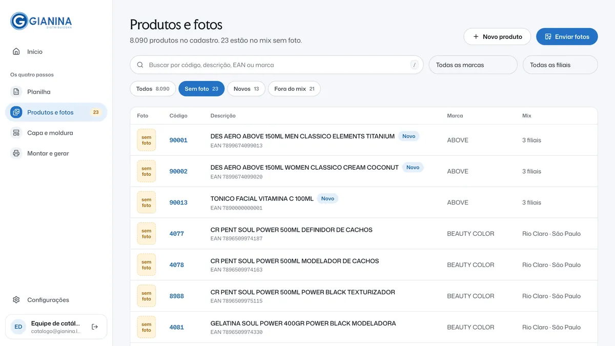 Lista de produtos filtrada por Sem foto: miniatura com o aviso sem foto, código, descrição, marca e em quais filiais está o produto