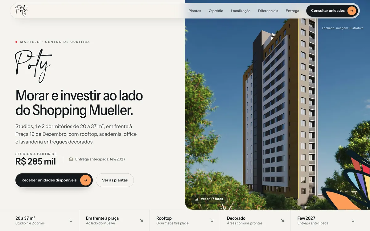 Hero do Poty: a assinatura Poty, o título Morar e investir ao lado do Shopping Mueller, studios a partir de R$ 285 mil, os botões, e à direita a fachada do prédio com o recorte colorido do vitral