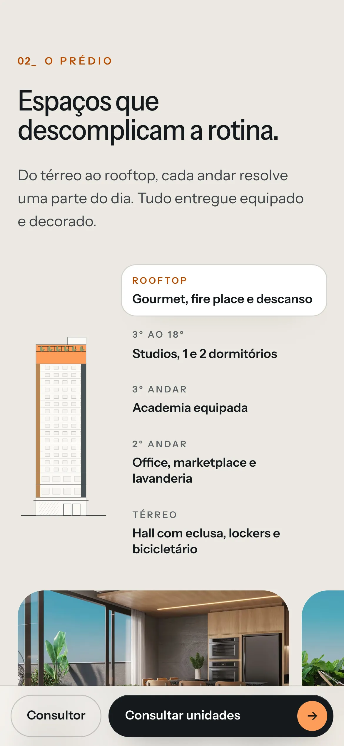 A seção do prédio no celular: o título Espaços que descomplicam a rotina, o corte da torre e a lista dos níveis, do rooftop ao térreo