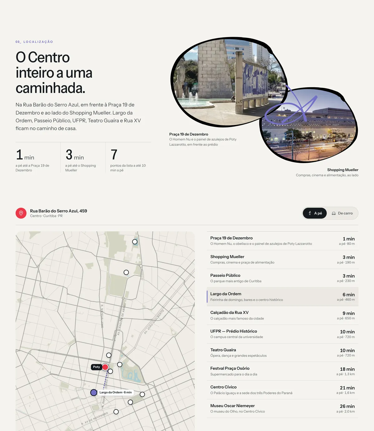 Localização do Poty: o título O Centro inteiro a uma caminhada, três números, as fotos da praça e do shopping em molduras de pincel, o endereço, o mapa com os pontos a pé e de carro e a lista de lugares com o tempo até cada um