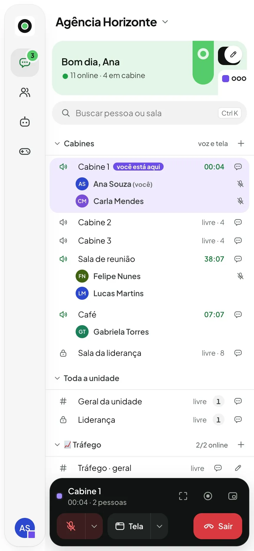 Dentro da Cabine 1, no celular: a cabine destacada com quem está dentro e a barra escura no rodapé com microfone, tela e sair