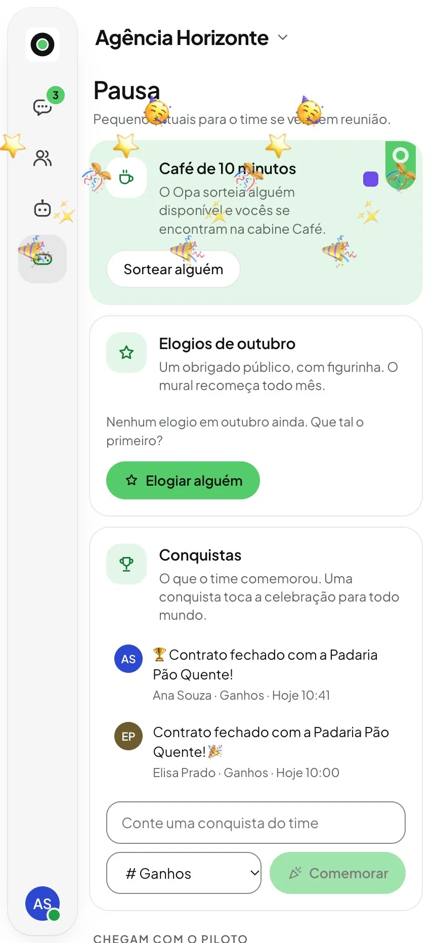 A seção Pausa no celular com a celebração do time: confete, estrelas e chapéus de festa sobre a tela depois de comemorar uma conquista