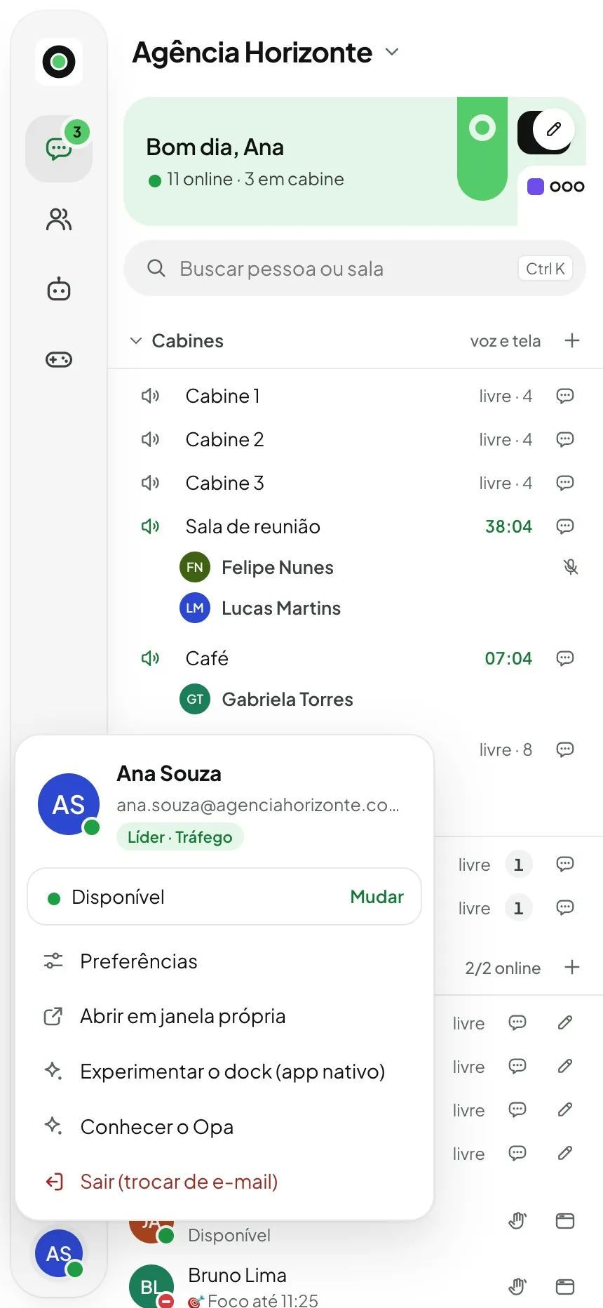 O menu da pessoa aberto no celular, com o status, Preferências, abrir em janela própria, o dock e sair