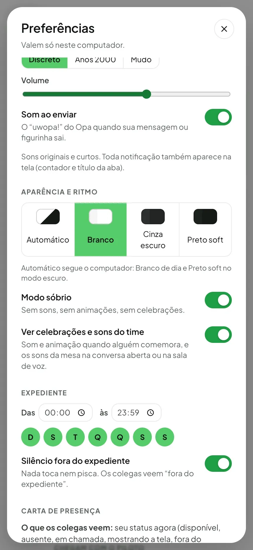 As Preferências no celular com o interruptor Modo sóbrio ligado: sem sons, sem animações, sem celebrações