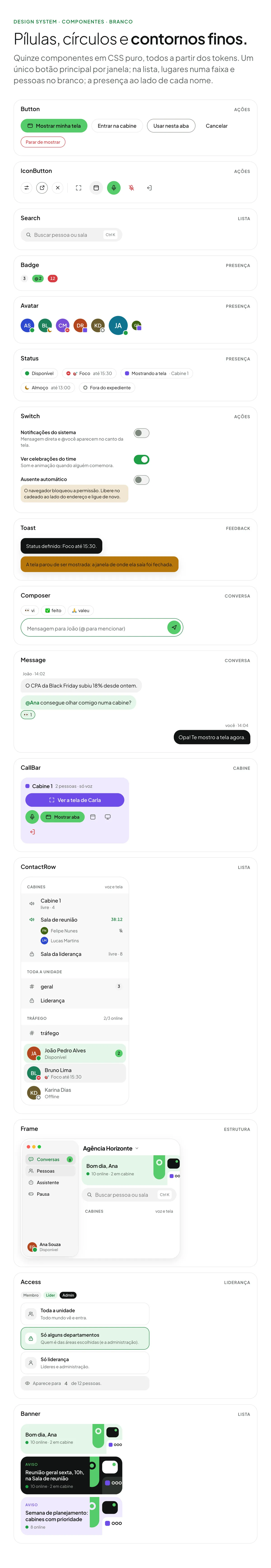 Folha com quinze componentes reais no tema Branco: botões, botões de ícone, busca, badges, avatares, status, interruptores, toasts, campo de mensagem, mensagens, barra da cabine, lista de contatos, janela, acesso e banner