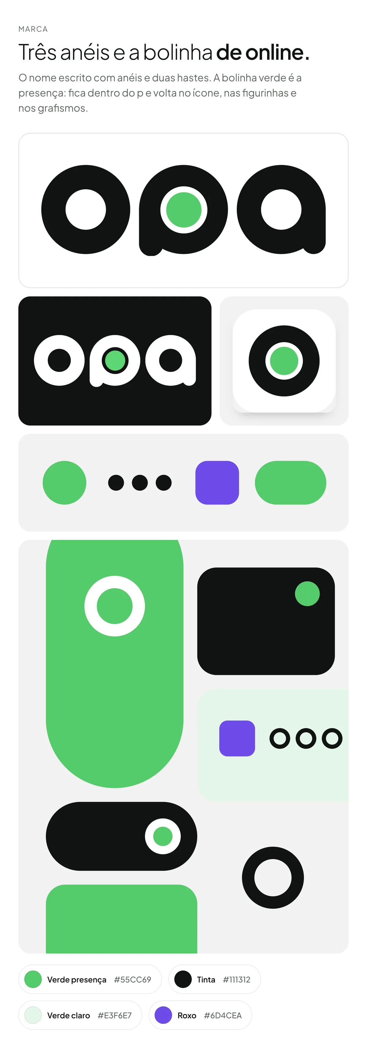 Prancha da marca: o logo opa em tinta, três anéis e duas hastes com a bolinha verde dentro do p, o logo em branco sobre tinta, o ícone do app, as formas do grafismo, uma composição com as formas e as quatro cores: verde presença, tinta, verde claro e roxo