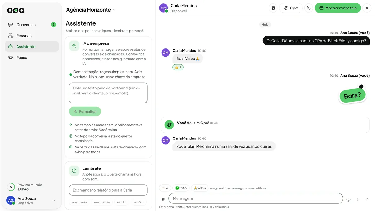 A seção Assistente: a IA da empresa, com o campo para formalizar um texto, e os lembretes com os atalhos em 15 min, em 30 min e em 2 h