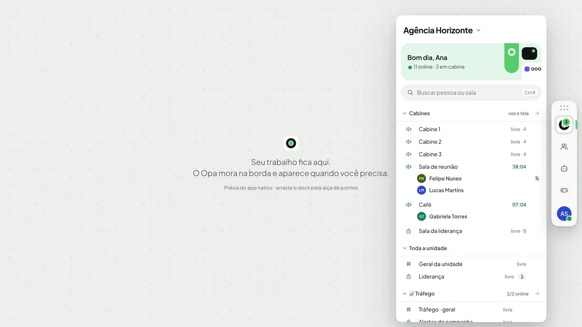 O dock com a gaveta da conversa com a Carla aberta ao lado, nascendo da aba