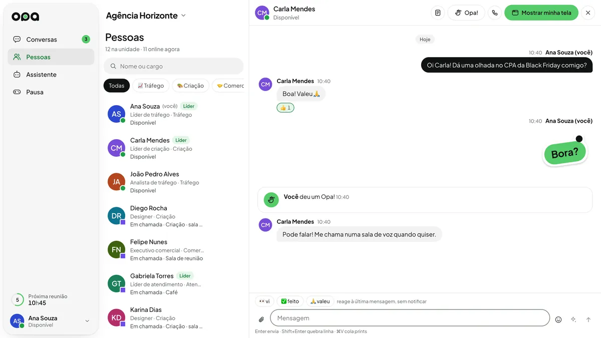 A seção Pessoas: busca por nome ou cargo, filtros por grupo e a lista de todo mundo com cargo, grupo e a forma da presença