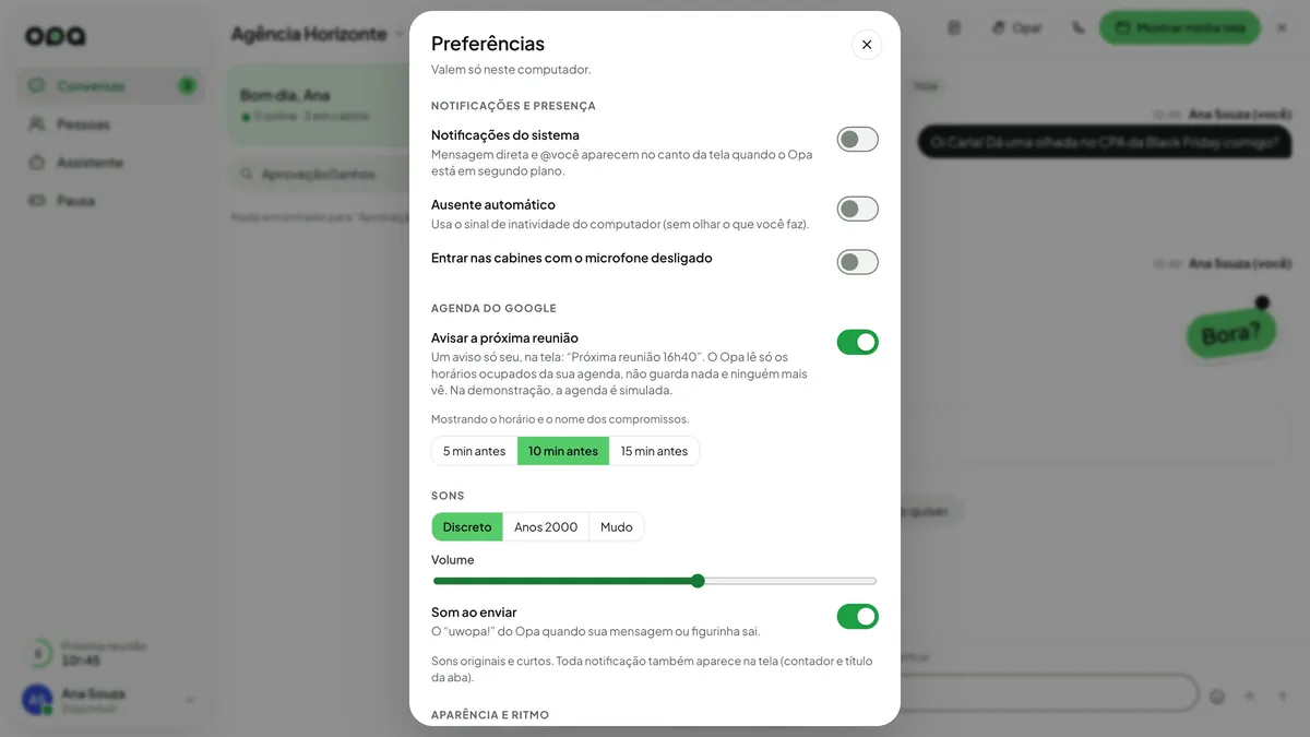 A janela de Preferências: notificações do sistema, ausente automático, agenda do Google, pacote de sons, volume e o som ao enviar