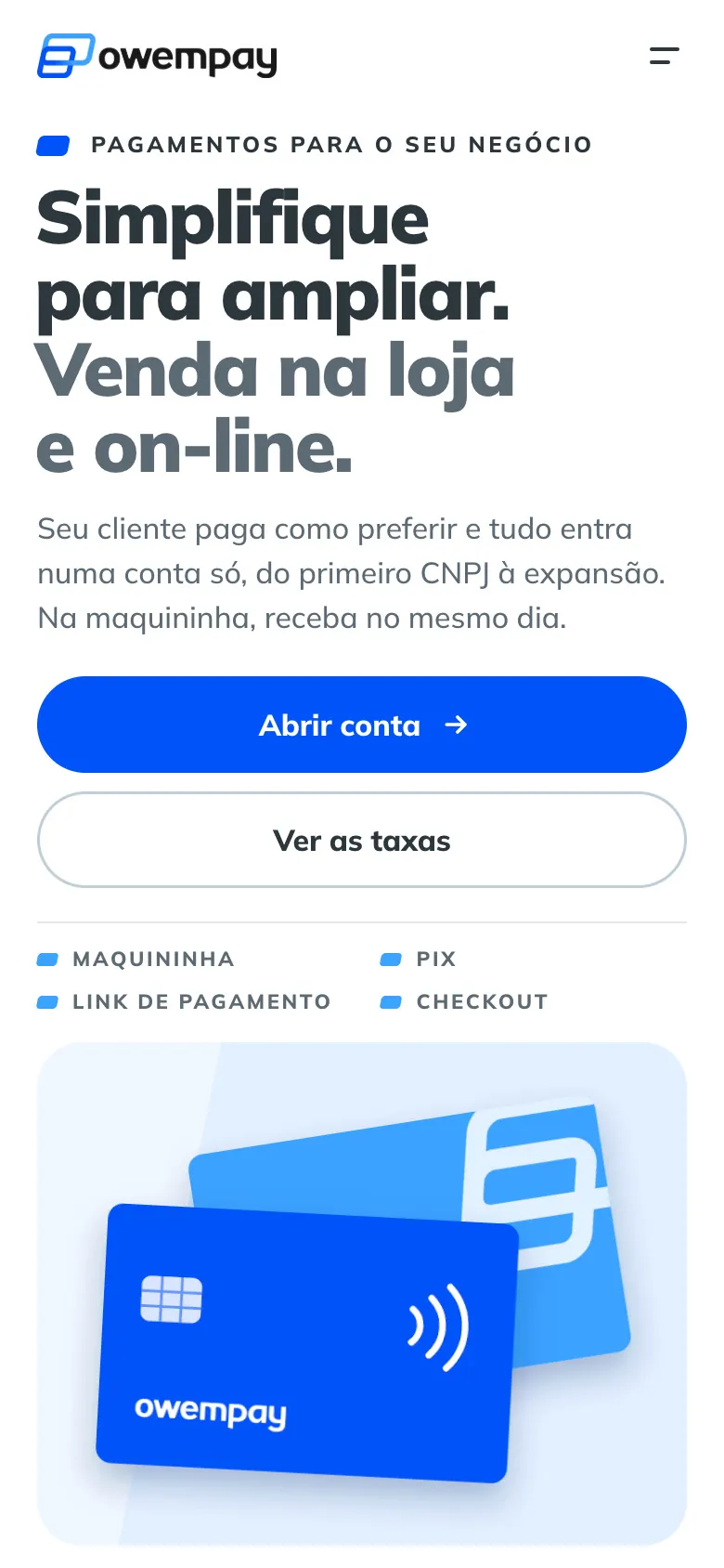 Primeira dobra da landing page no celular: título, parágrafo, botões em largura total e os cartões do símbolo embaixo