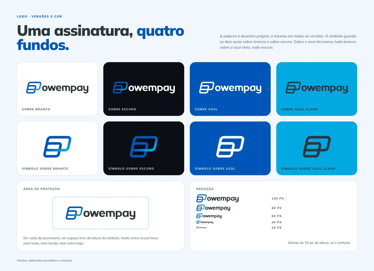 Versões do logo sobre branco, azul, escuro e azul claro, na horizontal e na vertical, com a área de proteção e a redução até 20 pixels