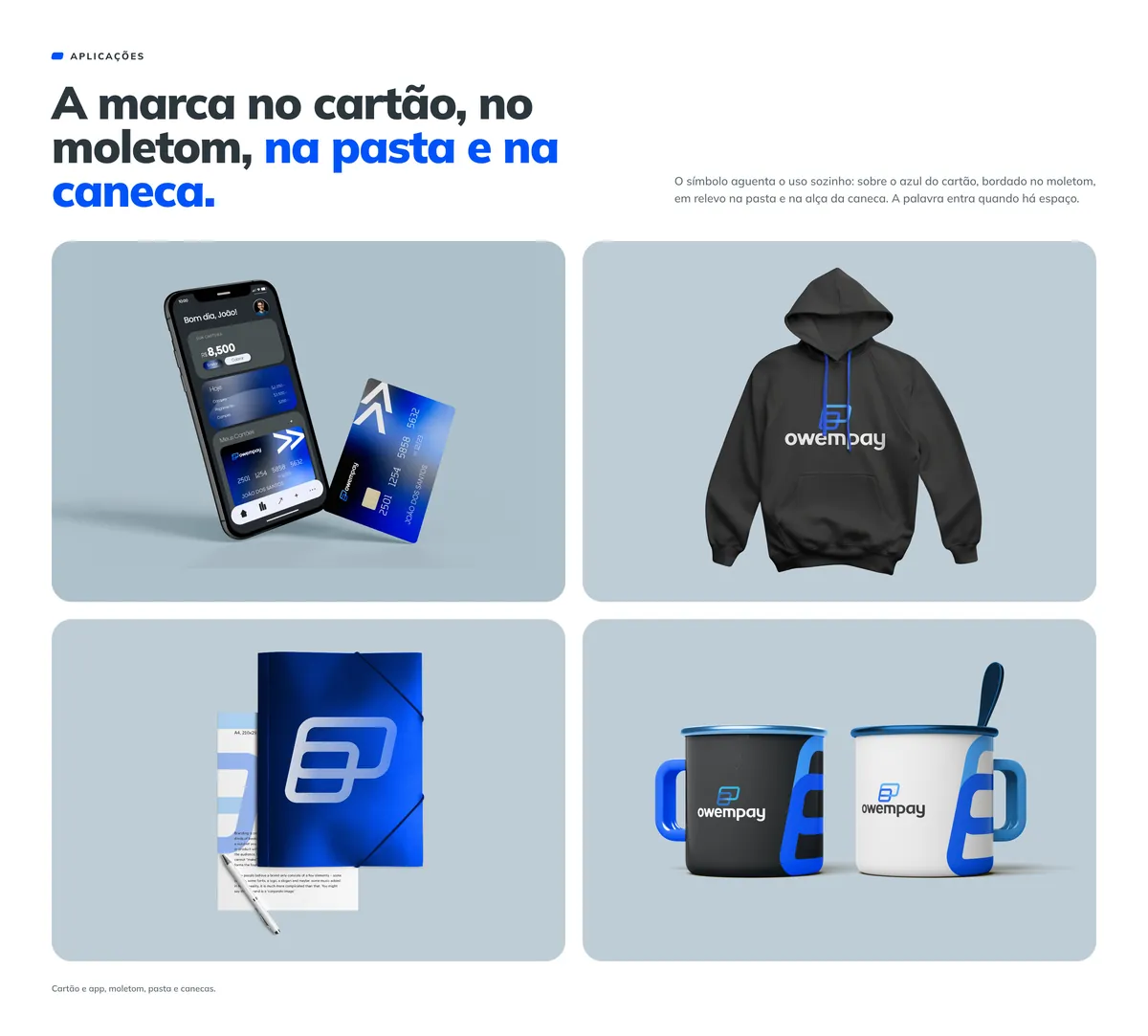 Aplicações da marca: celular com o app e o cartão azul, moletom preto com o logo, pasta azul com o símbolo em relevo e duas canecas, uma preta e uma branca